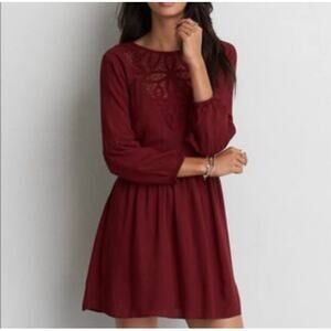 American Eagle Mini Dress XS Boho Dress Open Back Crochet Lace Peasant Gauzy